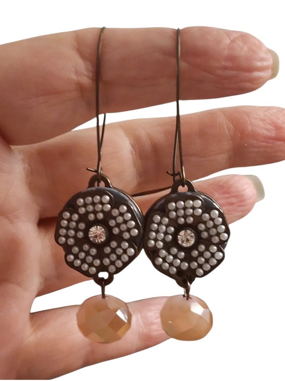 Gunmetal Floral Drop Earrings Champagne Accent Beads